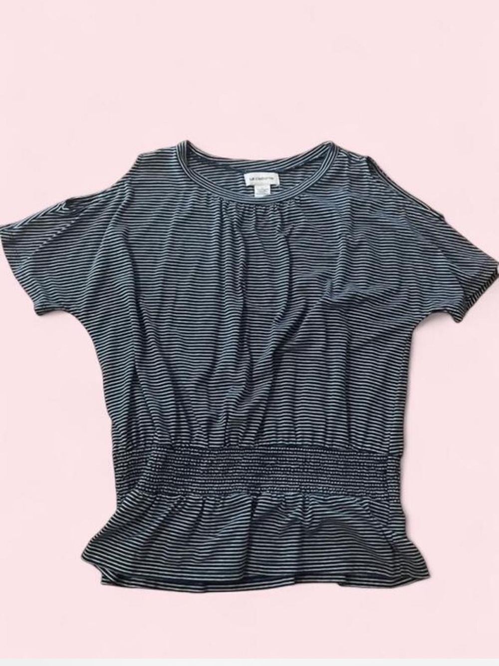 Liz Claiborne navy  and White Striped Short Sleeve Peplum Top with shoulder cuts